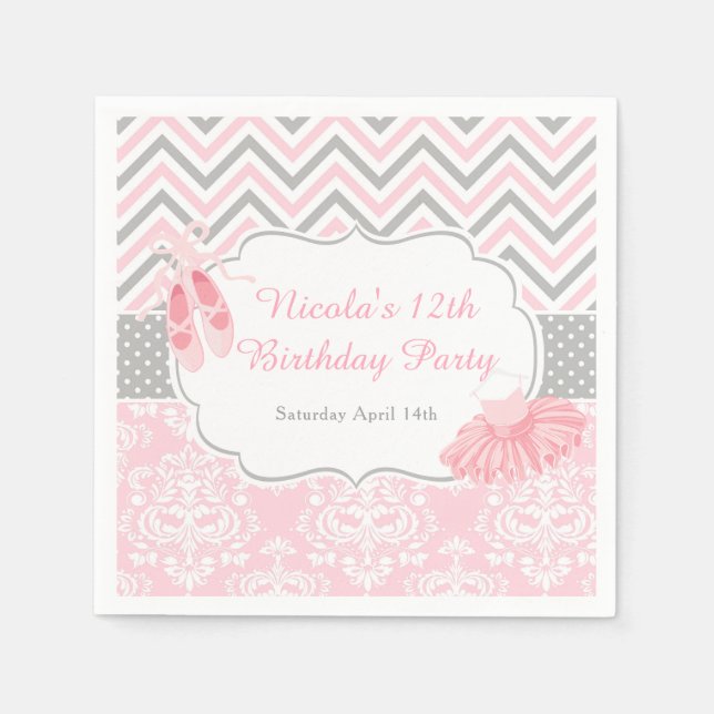 Servilleta De Papel Chevron Ballerina rosa y gris Cumpleaños (Anverso)