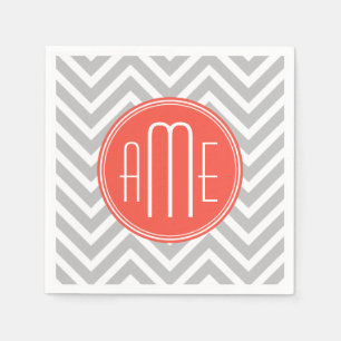 Servilleta De Papel Chevron Gris y Monograma Personalizado de Coral