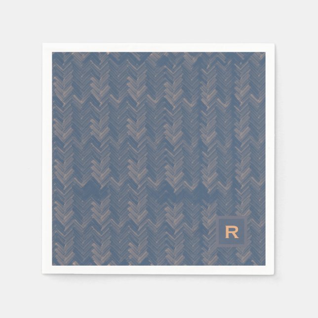 Servilleta De Papel Chevron Herringbone Patrón Retro Azul Inicial (Anverso)