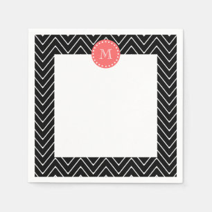 Servilleta De Papel Chevron negro y coral con monograma Personalizado