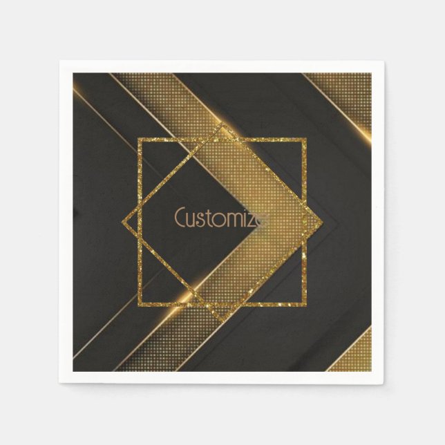 Servilleta De Papel Chevron Negro Y Oro (Anverso)