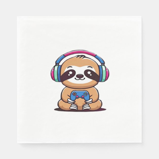 Servilleta De Papel Chibi Kawaii Sloth Gamer - Animal gracioso con (Anverso)