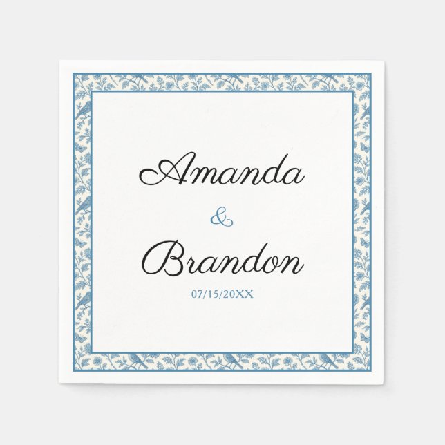 Servilleta De Papel Chic Blue Toile de Jouy Floral Border Wedding (Anverso)