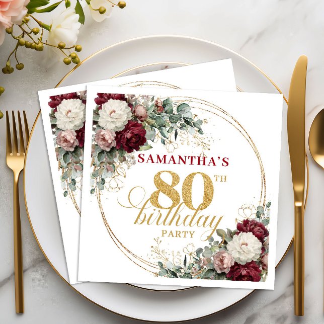 Servilleta De Papel Chic Boho Borgoña Floral Dorado Cumpleaños 80 (Chic Boho Burgundy Floral Gold 80th Birthday Napkins)