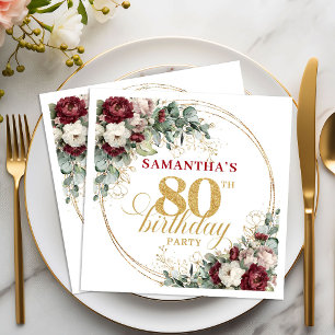 Servilleta De Papel Chic Boho Marsala Floral Oro Cumpleaños 80