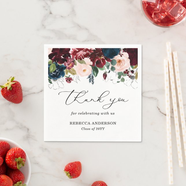 Servilleta De Papel Chic Burgundy Florals Script Agradecimiento Gradua (In situ)