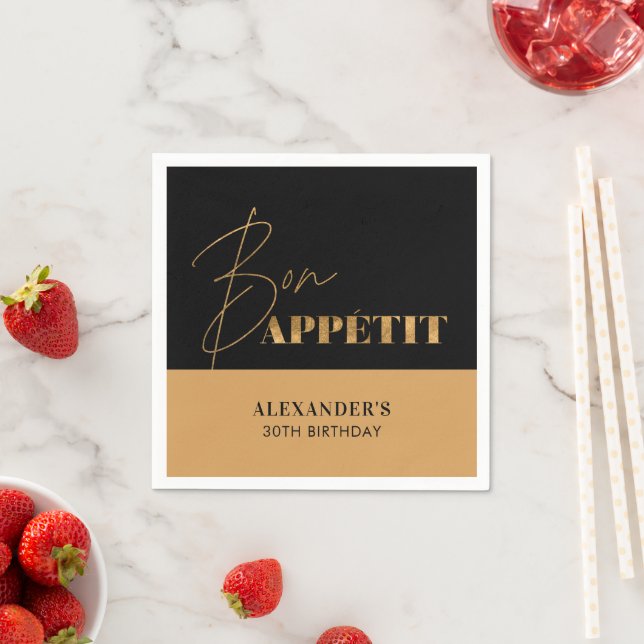 Servilleta De Papel Chic Cumpleaños Black and Gold Bon Appétit Script (In situ)