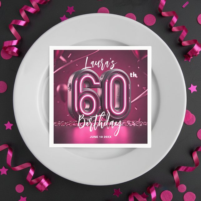 Servilleta De Papel Chic Glam Vibrant Pink Neon Glow 60th Birthday (Subido por el creador)
