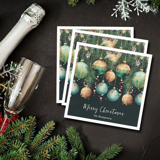 Servilleta De Papel Chic Gold and Green Christmas Tree Ornaments (Chic gold and green Christmas tree ornaments cocktail napkins)