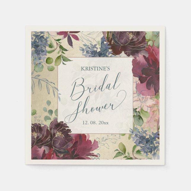 Servilleta De Papel Chic Marsala Floral Acuarela Dorado para Despedida (Anverso)