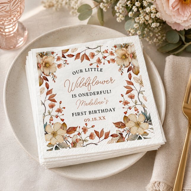 Servilleta De Papel Chic Moderno Cumpleaños 1er año Niña Script Flor S (Modern Chic Wildflower Script 1st Birthday Girl Napkins)