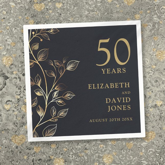 Servilleta De Papel Chic Moderno Oro Floral 50 Aniversario de Boda (Chic Modern Gold Floral 50th Wedding Anniversary Napkins)