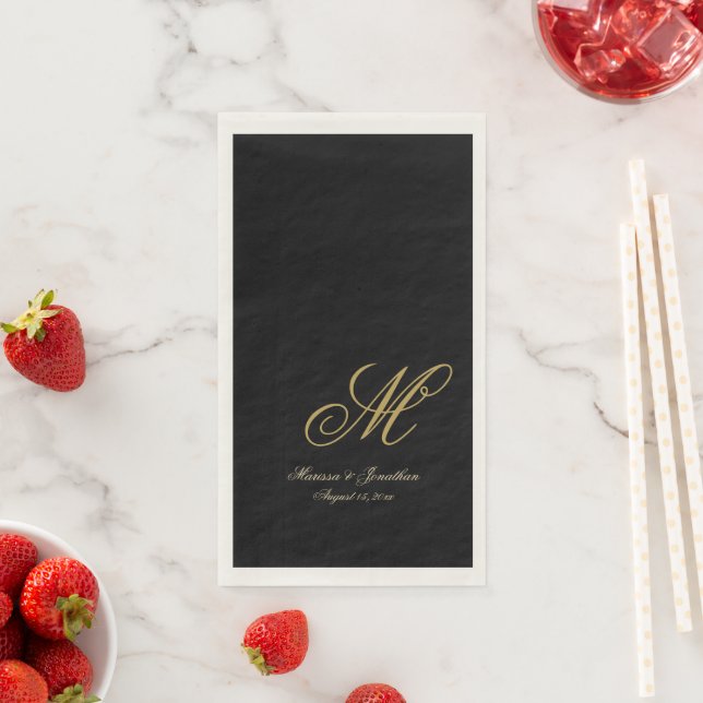 Servilleta De Papel Chic Monograma Script Oro Negro Boda (In situ)