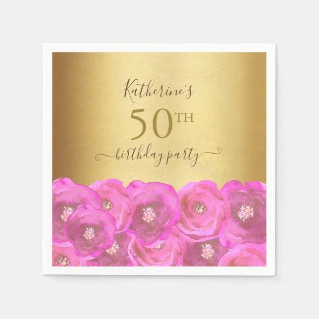 Servilleta De Papel Chic Pink Rose Floral Gold 50th Birthday Party (Anverso)