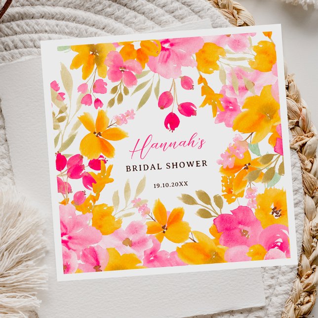 Servilleta De Papel Chic preciosa amarilla rosada floral acuarela nupc (Chic pretty yellow pink floral watercolor bridal napkins)