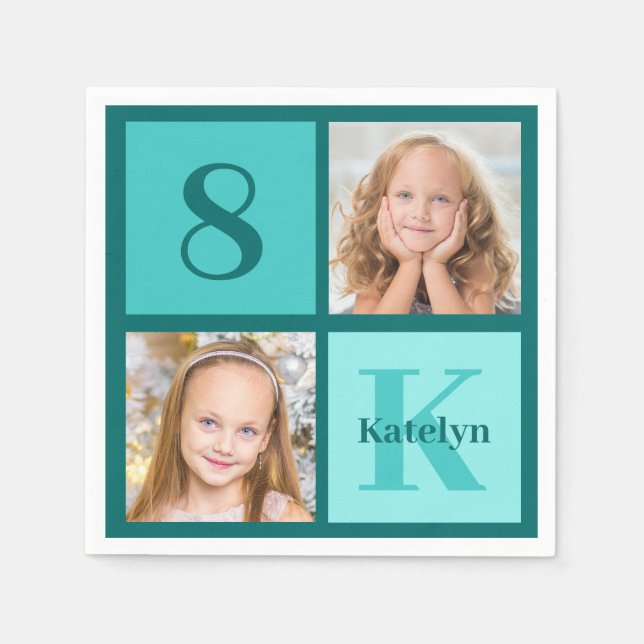 Servilleta De Papel Chic Teal Birthday Party Custom Photo Collage (Anverso)