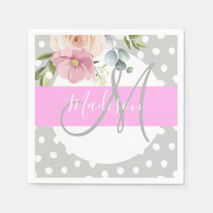 Servilleta De Papel Chic y femenino floral blanco rosa gris monograma 