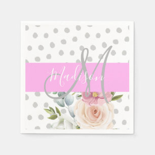 Servilleta De Papel Chic y femenino floral blanco rosa gris monograma