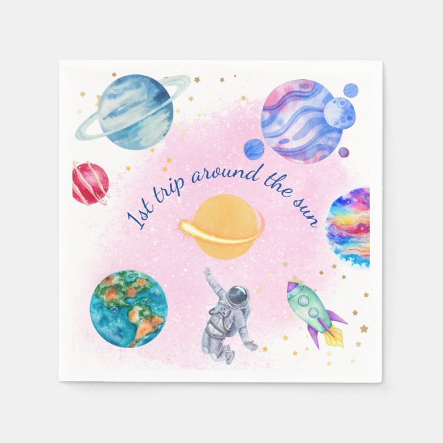 Servilleta De Papel Chica Astronauta Oro Pink Rocket Ship Planet (Anverso)