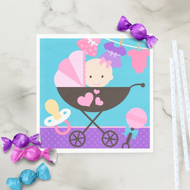 Servilleta De Papel Chica Baby Doll Fiesta Papel (Baby Doll Birthday Paper Napkins in Teal Blue, Purple and Pink. )