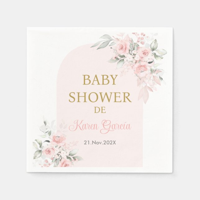 Servilleta De Papel Chica Baby Shower en español con florido rosa (Anverso)