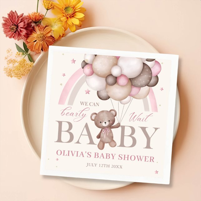 Servilleta De Papel Chica Baby Shower Napkins con globo rosado Teddy B (Subido por el creador)