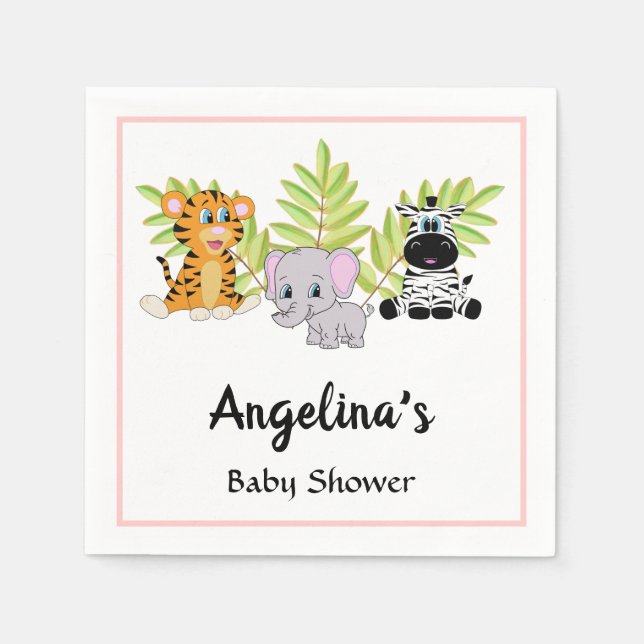 Servilleta De Papel Chica Baby Shower rosado Cute animales de la jungl (Anverso)