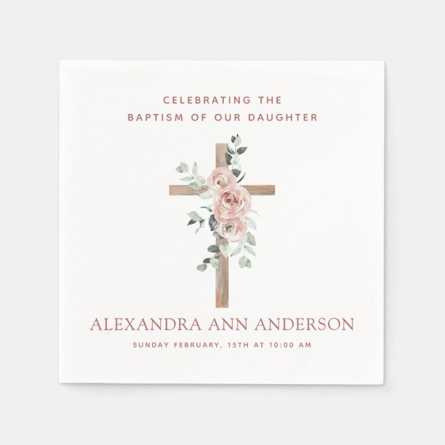 Servilleta De Papel Chica Baptism Dusty Pink Rose Christian (Anverso)