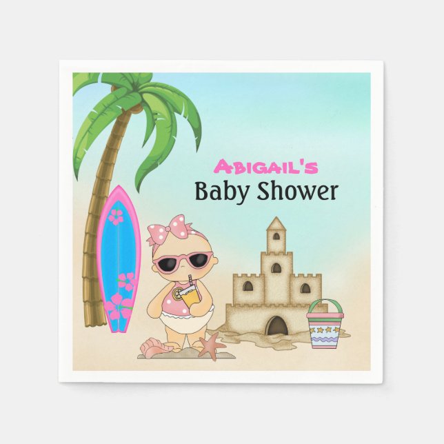 Servilleta De Papel Chica Beach Baby Sandcastle, Surfboard Baby Shower (Anverso)