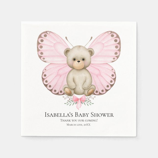 Servilleta De Papel Chica Bear de Mariposa | Baby Shower Napkins (Anverso)