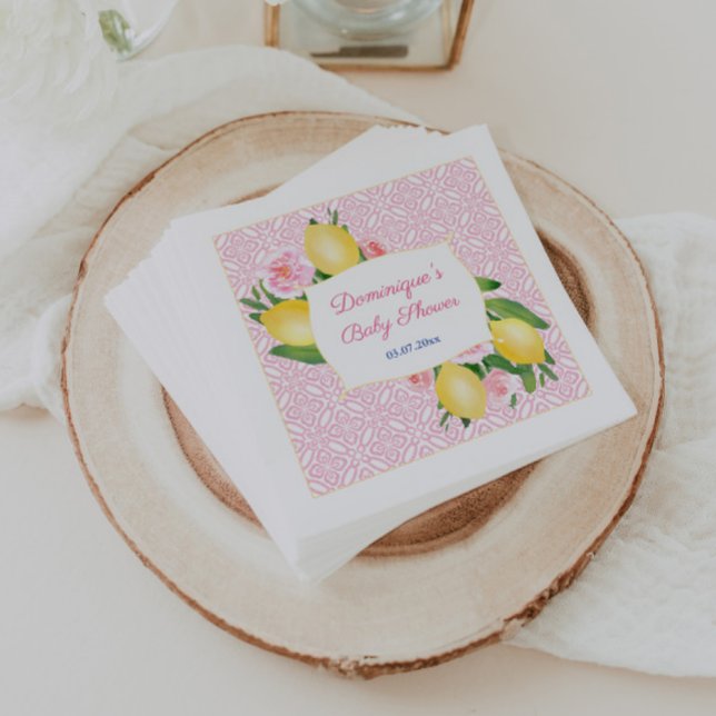Servilleta De Papel Chica bonito Tiles Rosado Lemons Fiesta Baby Showe (Pretty pink and white lemons baby girl shower napkin design)