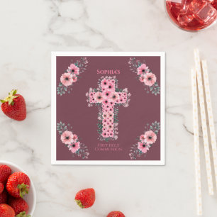 Servilleta De Papel Chica Chic Primera Comunión Cruz Flor Rosa