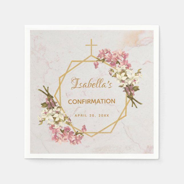 Servilleta De Papel Chica Confirmación Marble Gold Orquídeas rosadas F (Anverso)