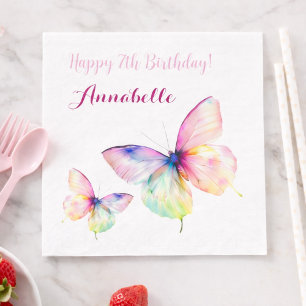 Servilleta De Papel Chica Cumpleaños 7 Pastel Mariposa Arcoíris