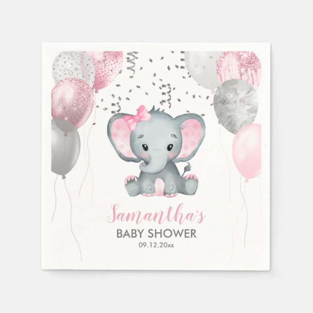Servilleta De Papel Chica Cute Elephant Globos Rosa Baby Shower (Anverso)