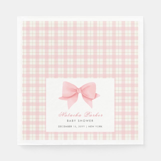 Servilleta De Papel Chica Cute Pink Gingham Plaid Bow Baby Shower (Anverso)