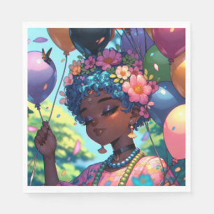 Servilleta De Papel Chica de anime negro bonito con cumpleaños