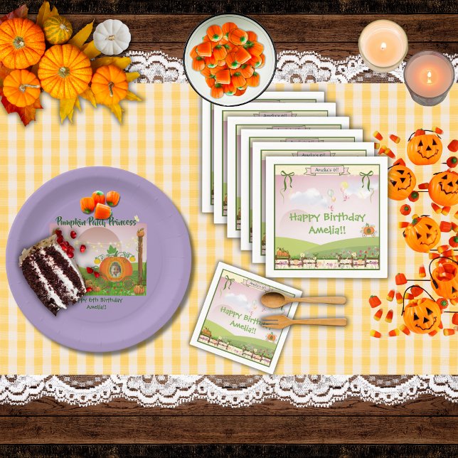 Servilleta De Papel Chica de Calabaza de Calabaza de Hada Cuta Cumplea (Personalized banner, pumpkin prairie, ribbons, cute birds with balloons, and wildflowers napkins)