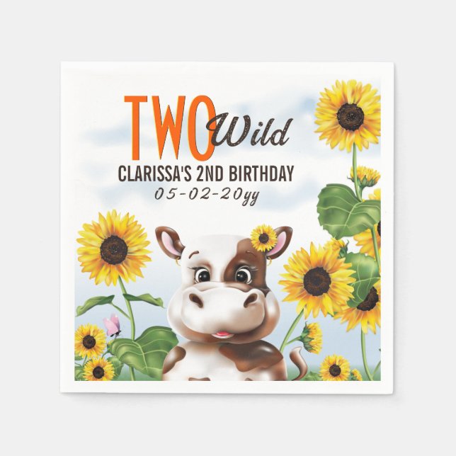 Servilleta De Papel Chica de Cow Sunflower Segundo cumpleaños (Anverso)