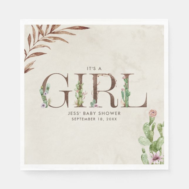 Servilleta De Papel Chica de cuero de Cactus Floral Baby Shower (Anverso)