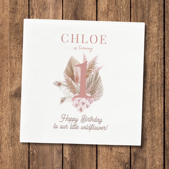 Servilleta De Papel Chica de cumpleaños 1 de Wildflower (Boho Wildflower 1st Birthday Girl Napkins for first birthday party, on a rustic background)