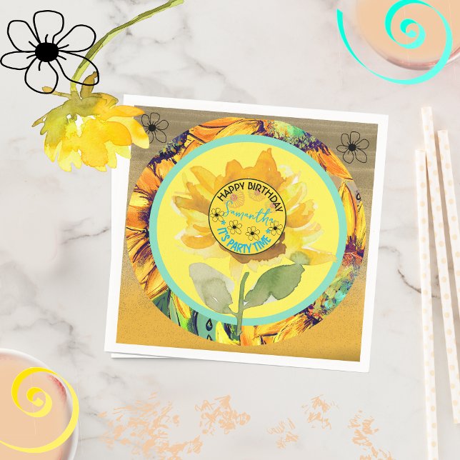 Servilleta De Papel Chica de cumpleaños de girasol amarillo negro (Sunflower Birthday Girl Yellow Black Napkins)