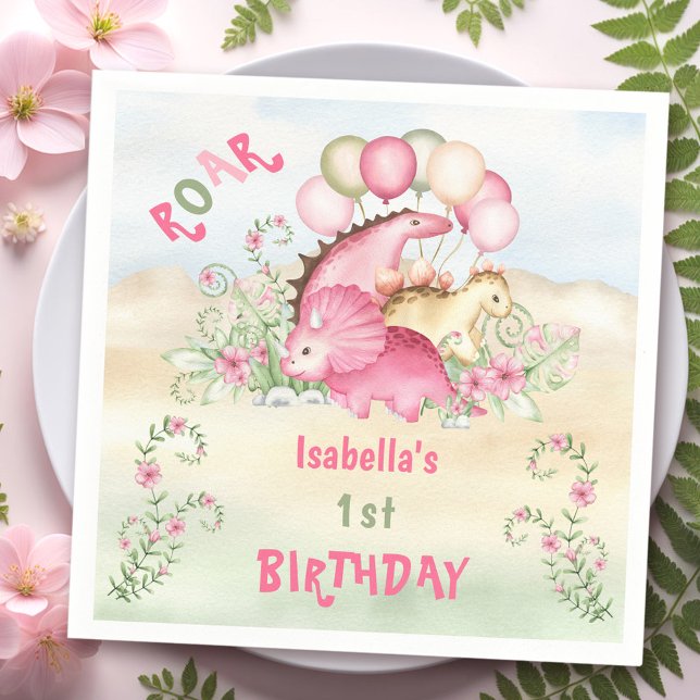 Servilleta De Papel Chica de dinosaurios Pastel Rosa Cute Floral Prime (Dinosaur Girl Pink Pastel Cute Floral 1st Birthday Napkins)