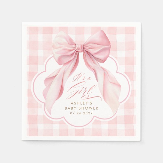 Servilleta De Papel Chica de ducha de bebé con lazo de blush de gingha (Anverso)