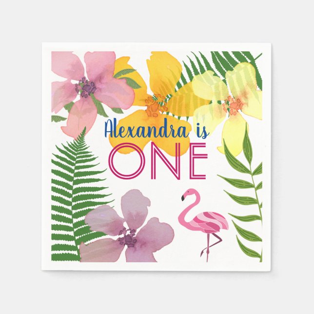 Servilleta De Papel Chica de Flamingo Rosado Primer Cumpleaños (Anverso)