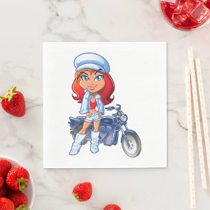 Servilleta De Papel Chica de motociclismo elegante con pelo rojo y mot