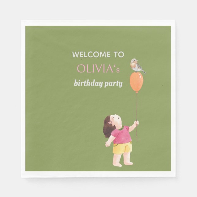 Servilleta De Papel Chica de niños de cumpleaños verde y rosa divertid (Anverso)