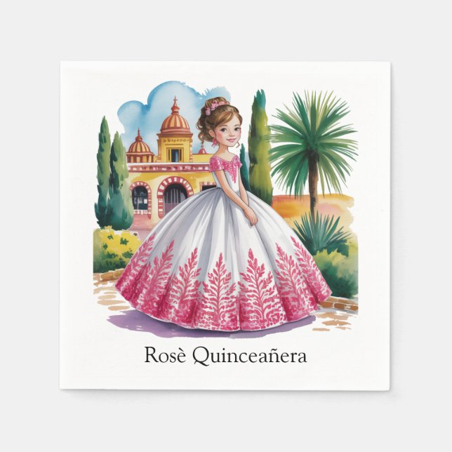 Servilleta De Papel Chica de Quinceañera en traje rosa y blanco (Anverso)