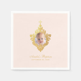 Servilleta De Papel Chica del bautismo rosa Foto Faux Gold Cross Vinta