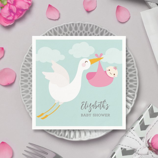 Servilleta De Papel Chica del paquete de almacenamiento Baby Shower (Pink stork bundle girl baby shower personalized cocktail napkins)